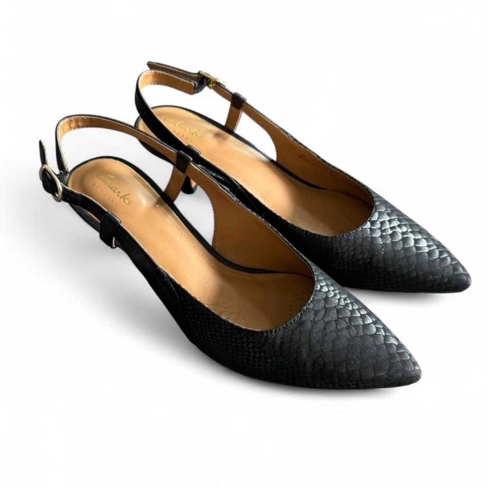 Clarks Black Snake Print Slingback Heels Pointed Toe Kitten Heel Comfort 9 - Picture 3 of 9